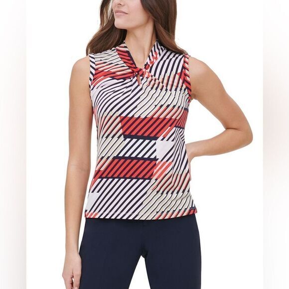 Tommy Hilfiger Women's Printed Knot Neck Shell Blue Size Large‎ - Picture 2 of 12